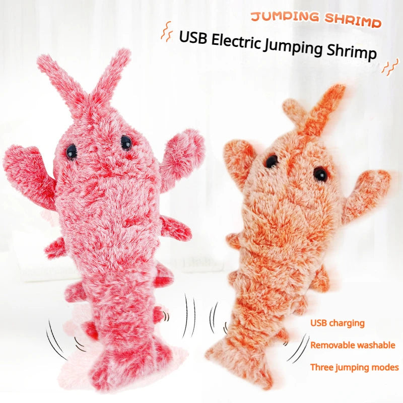 USB Electric Jumping Shrimp graphic showing pink and orange plush toys, listing USB charging, washable, and three jumping modes