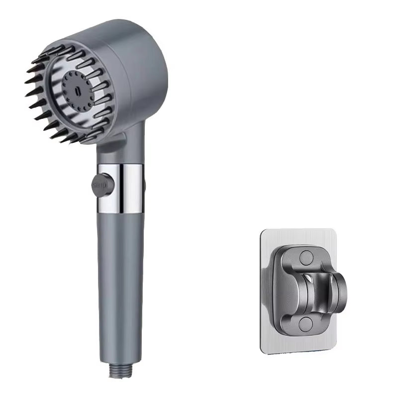 Grey shower head with a brushed silver wall-mount bracket, white background