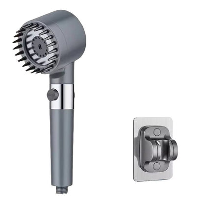 Grey shower head with a brushed silver wall-mount bracket, white background