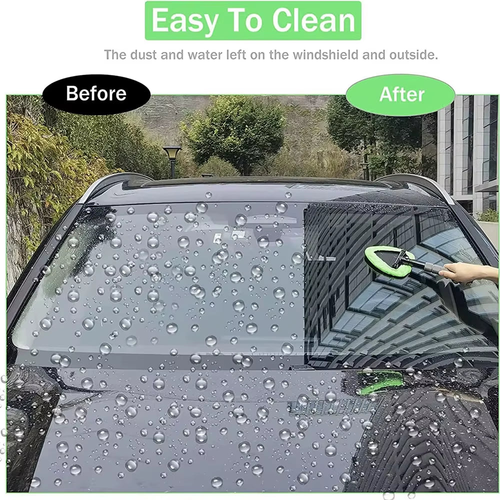 Before-and-after split image of a windshield: water droplets versus streak-free after cleaning