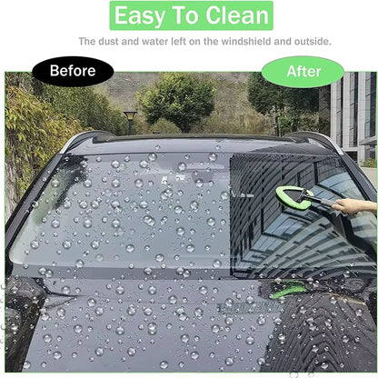 Before-and-after split image of a windshield: water droplets versus streak-free after cleaning