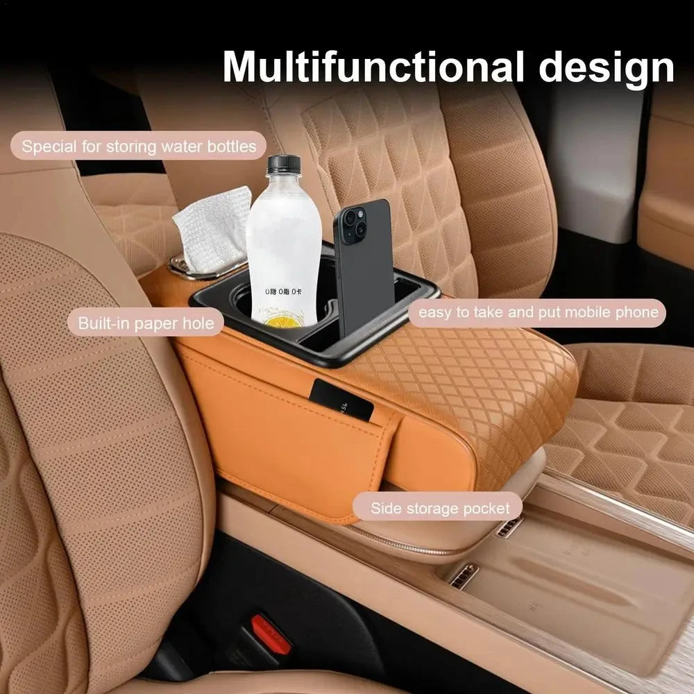 Overhead view of armrest cushion cup holder tray holding a water bottle and phone, with labeled features