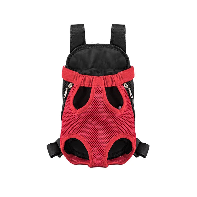 Red front-carry mesh pet backpack, empty, front view on white background