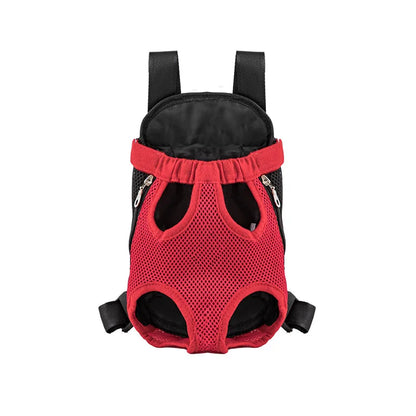 Red front-carry mesh pet backpack, empty, front view on white background