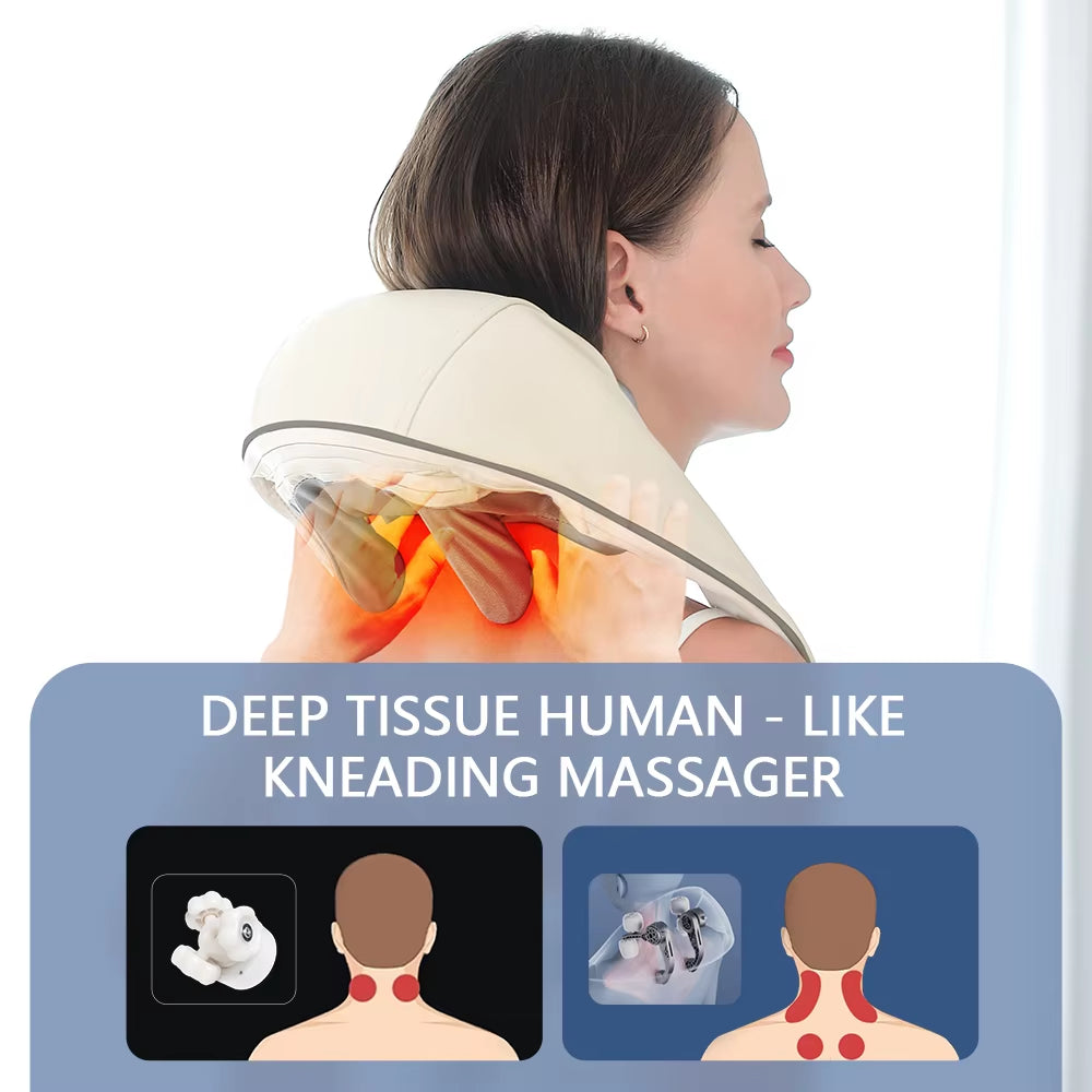 Close-up of a hand kneading a woman's neck through the massager pad with a red heat-glow overlay showing the kneading motion