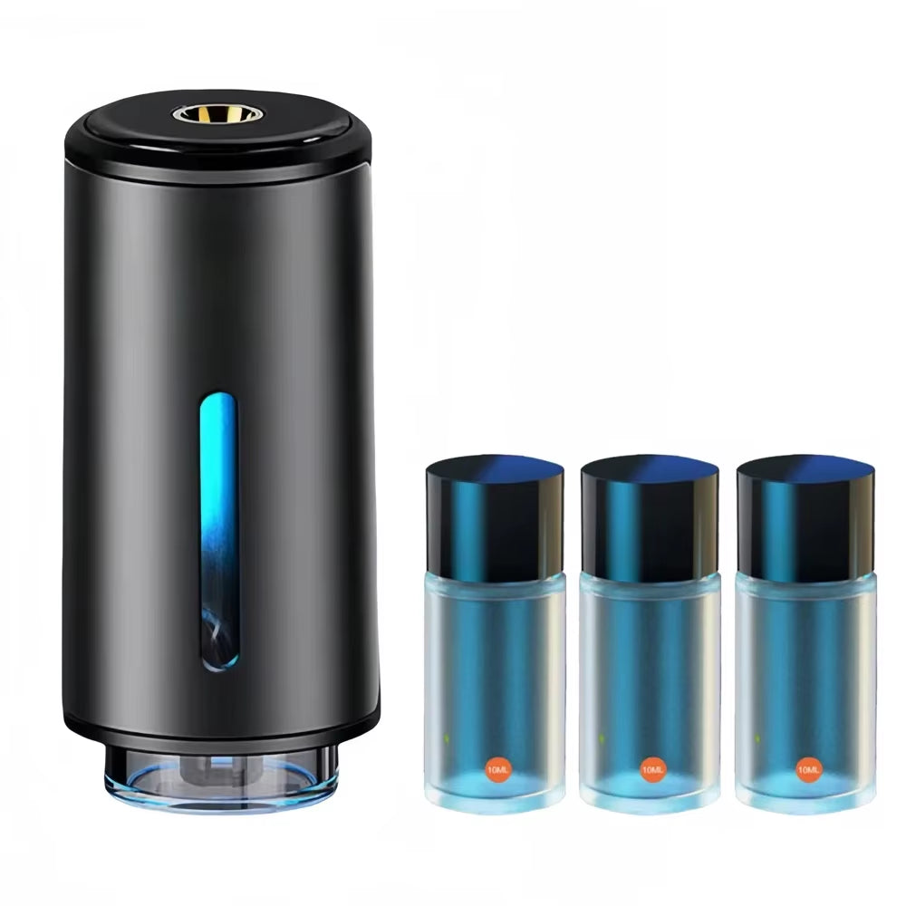 Diffuser standing beside three 10ml scent refill bottles with dark blue caps on white background