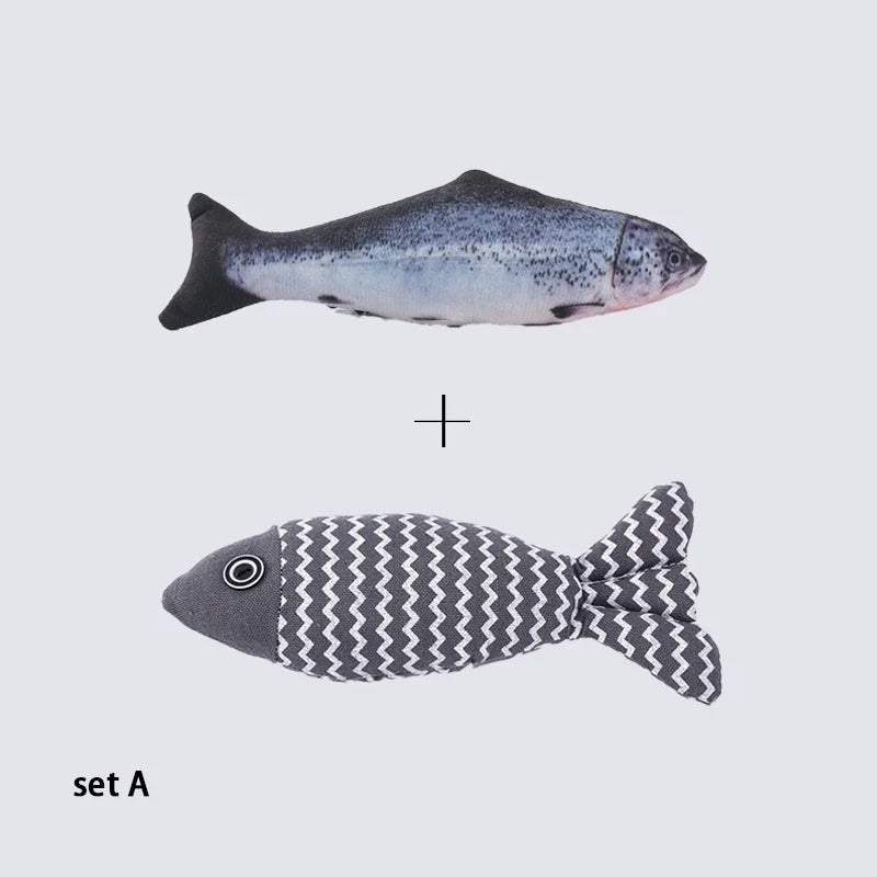 Realistic salmon-print plush fish toy paired with a grey striped fabric fish toy, labeled set A
