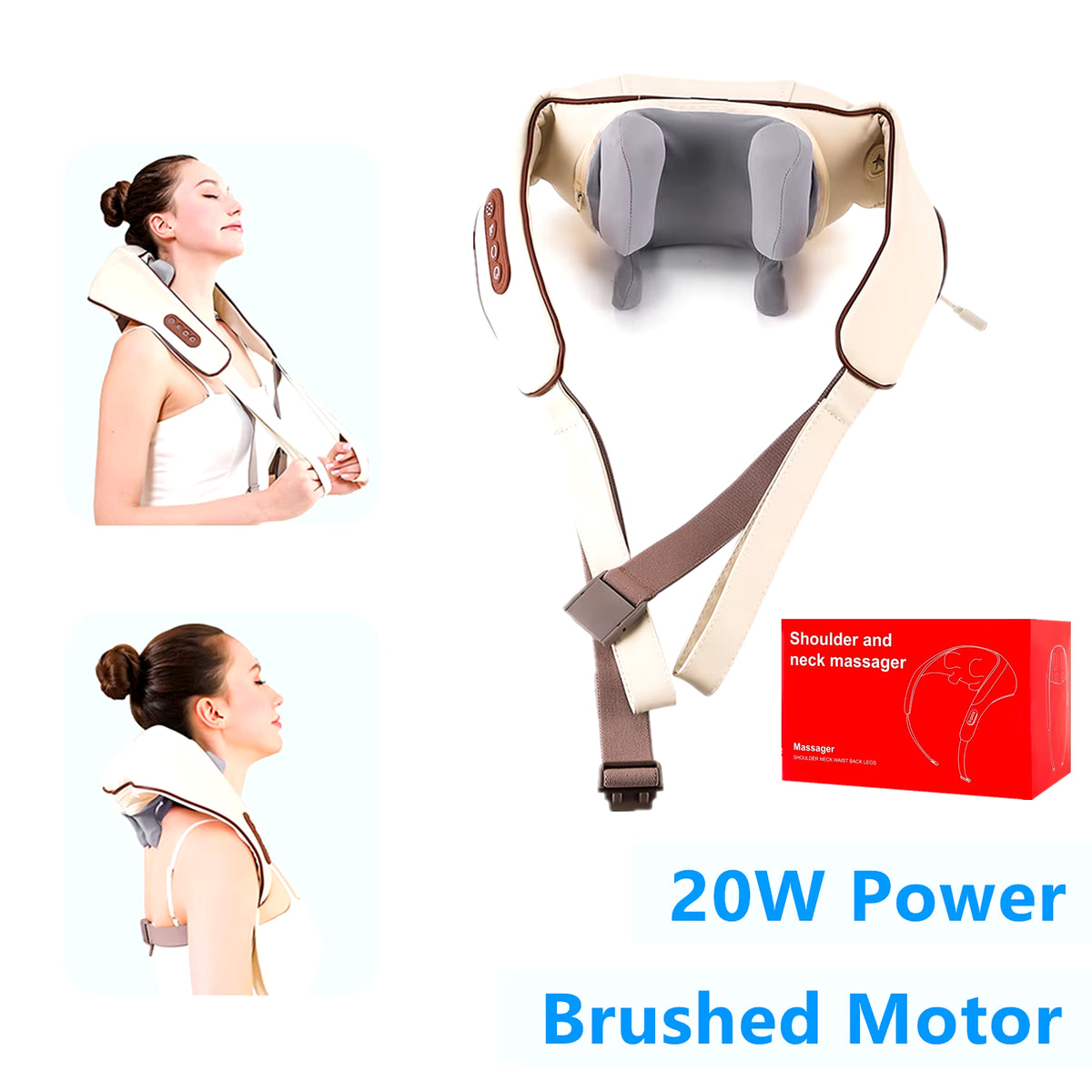 Cream neck massager laid flat with grey kneading pads and loose straps, red retail box and lifestyle insets alongside
