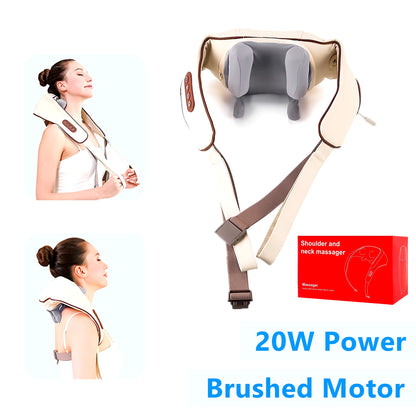 Cream neck massager laid flat with grey kneading pads and loose straps, red retail box and lifestyle insets alongside