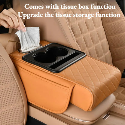 Hand tucking a tissue into the built-in tissue slot of a tan quilted armrest cushion