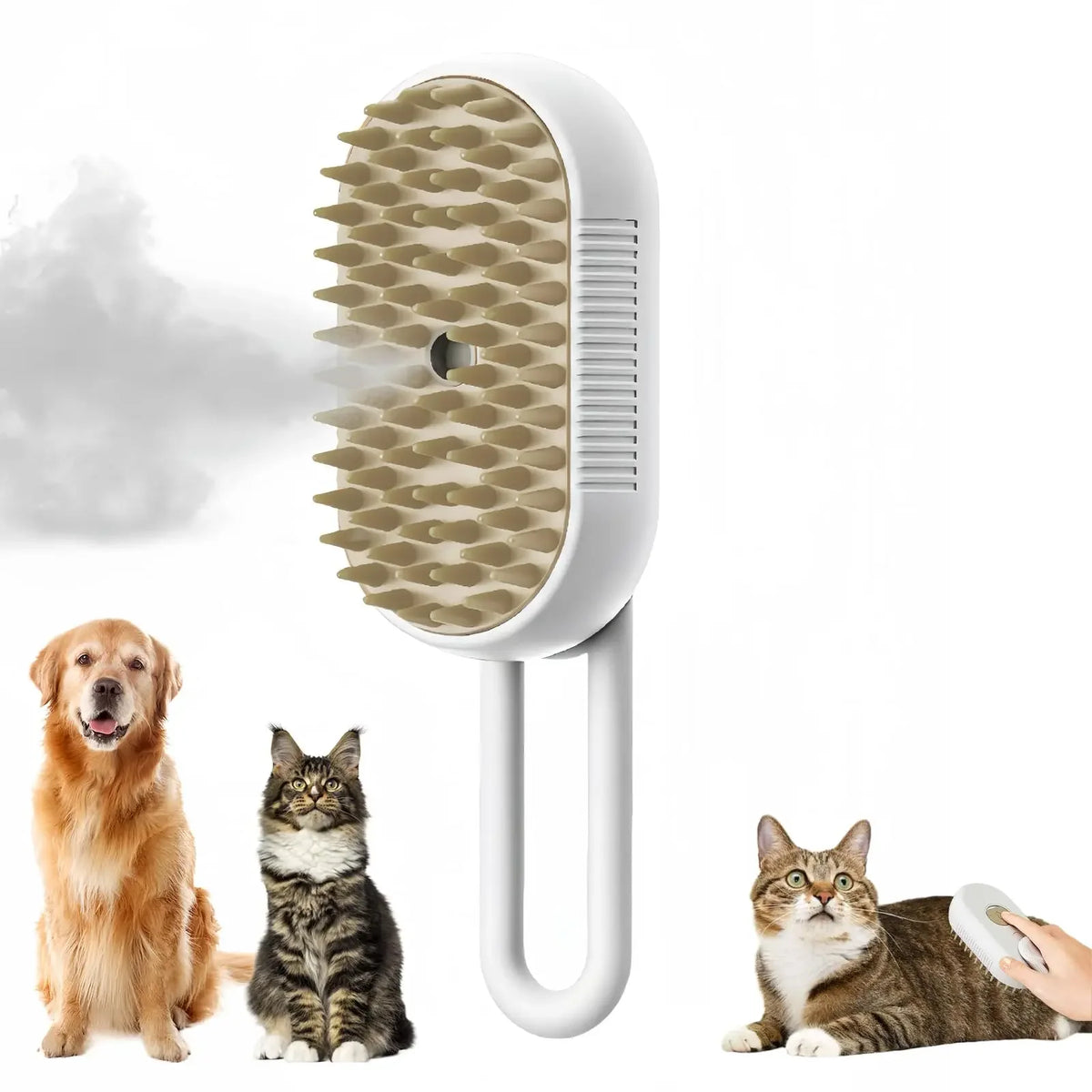 White steam brush emitting vapor beside a golden retriever and tabby cat, with inset of a cat being brushed