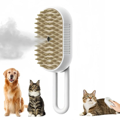 White steam brush emitting vapor beside a golden retriever and tabby cat, with inset of a cat being brushed
