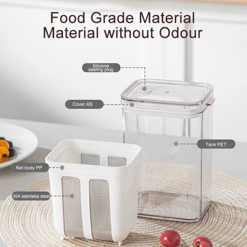 Food grade material diagram labeling the silicone sealing plug, AS cover, PET tank, PP mesh body, and 304 stainless mesh