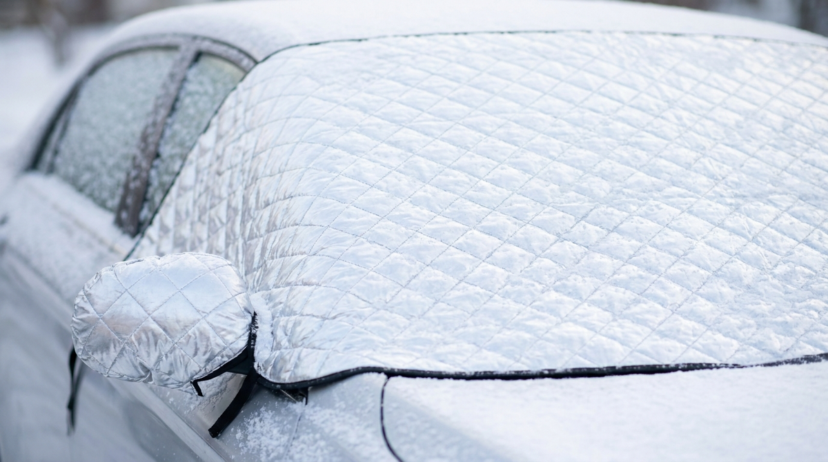 Close-up of the magnetic windshield snow cover on a frost-free windshield